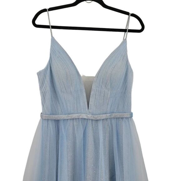 Mac Duggal Gown Elsa Princess Ice Blue Sparkle Plunging V Full Tulle A-line 10 - Picture 9 of 17